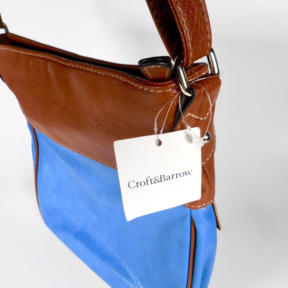 NWT Croft Barrow Blue Brown Crossbody Bag Faux Leather Modernist Shoulder Purse